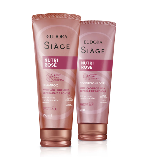 Duas embalagens cor de rosa de shampoo e condicionador Eudora Siàge Nutri Rosé