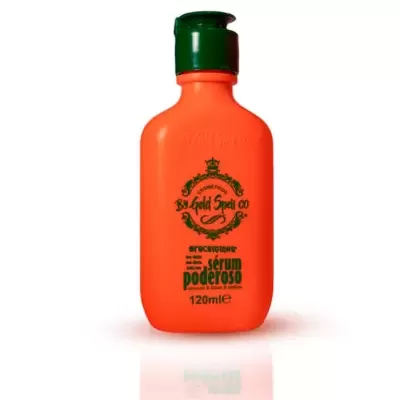Frasco laranja com tampa verde de sérum poderoso, texto verde, 120ml
