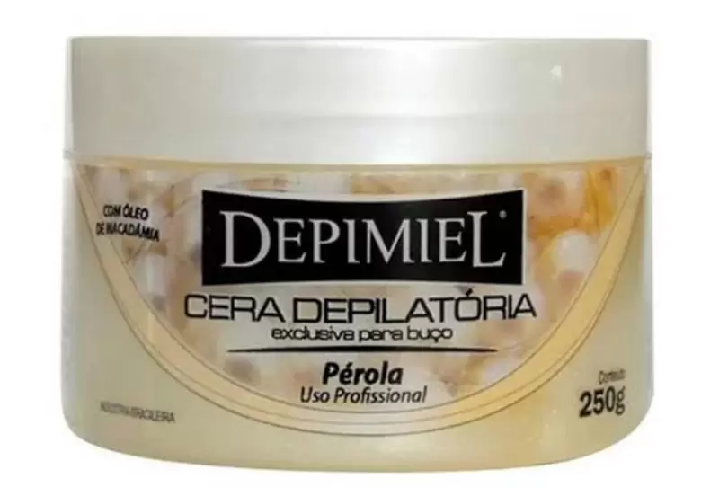 Frasco de cera depilatória Depimiel para uso profissional cor pérola.
