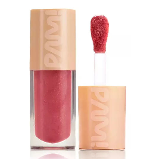 Batom líquido vermelho com brilho em embalagem transparente com tampa bege e aplicador