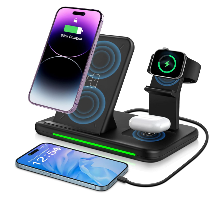 Base de carregamento sem fios preta com smartphones, smartwatch e estojo de earphones a carregar