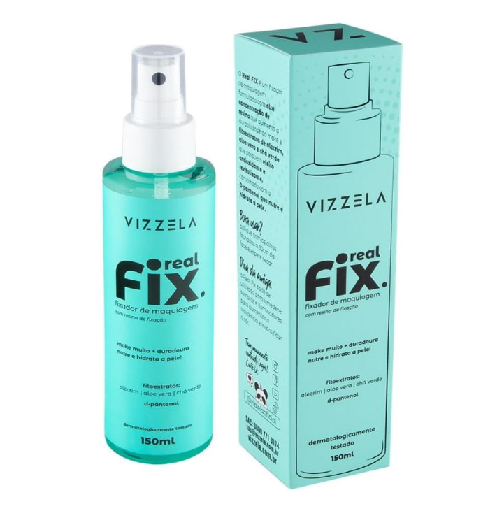 Frasco azul turquesa de fixador de maquilhagem Vizzela real fix com caixa correspondente