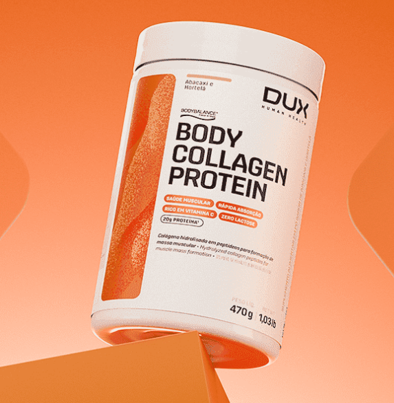 frasco de suplemento Body Collagen Protein branco com detalhes laranja e texto em português