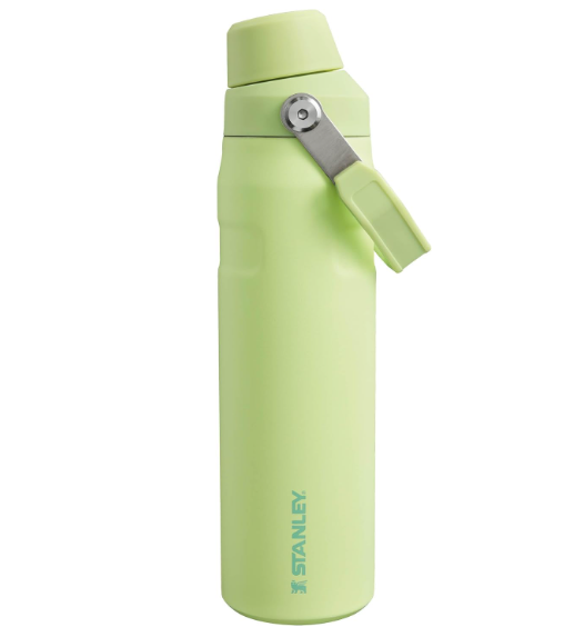 Garrafa térmica Stanley verde claro com tampa e alça para transporte