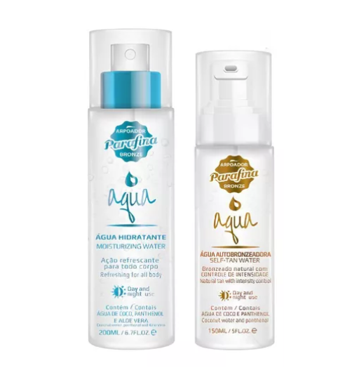 Dois frascos spray de produtos Parafina Bronze Água hidratante e autobronzeadora