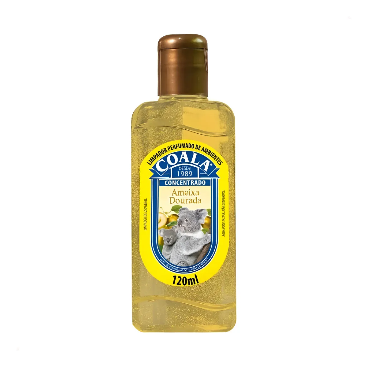 Frasco plástico transparente com líquido amarelo e rótulo COALA Ameixa Dourada