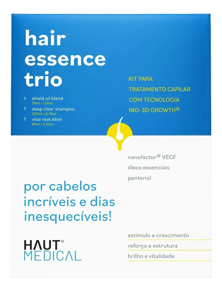 Embalagem do kit hair essence trio da Haut Medical para tratamento capilar.