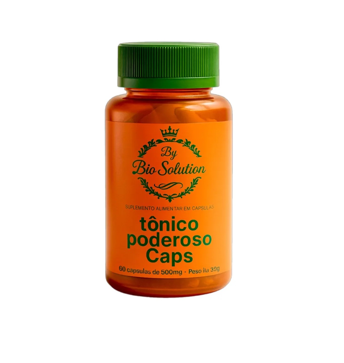 Frasco de suplemento alimentar tônico poderoso caps laranja com tampa verde