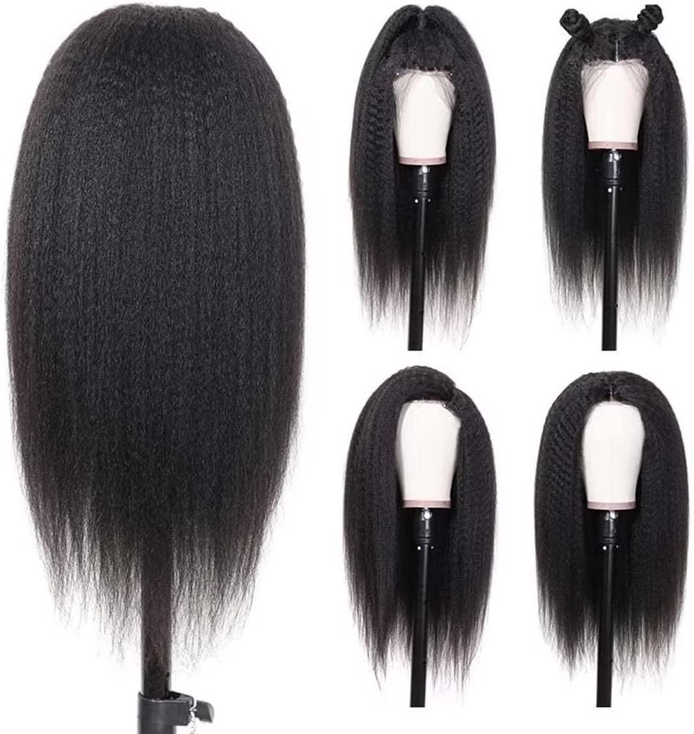 Perucas pretas com diferentes estilos em suportes brancos sobre tripés pretos