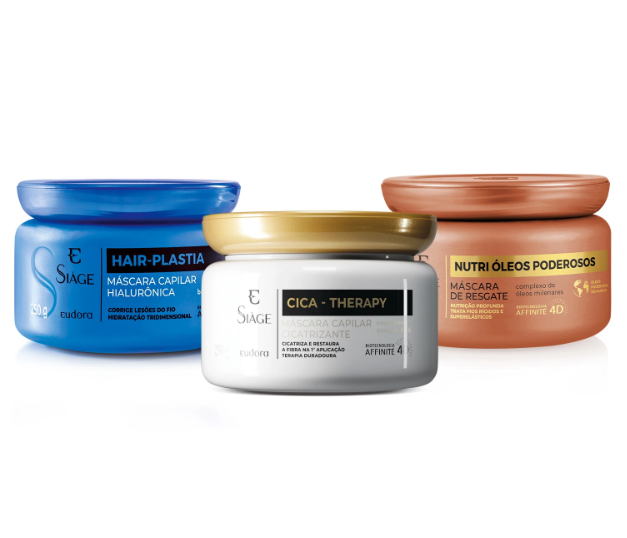Três máscaras capilares Eudora Siàge em embalagens azul, branco e laranja