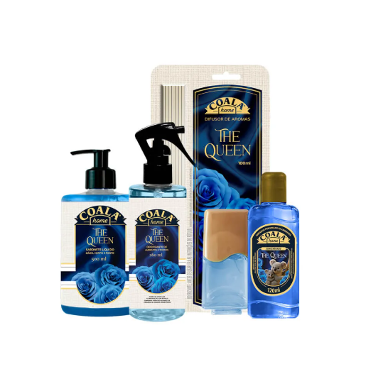 Conjunto de produtos Coala Home The Queen com sabonete, desodorizante, difusor e fragrância líquida em azul e dourado