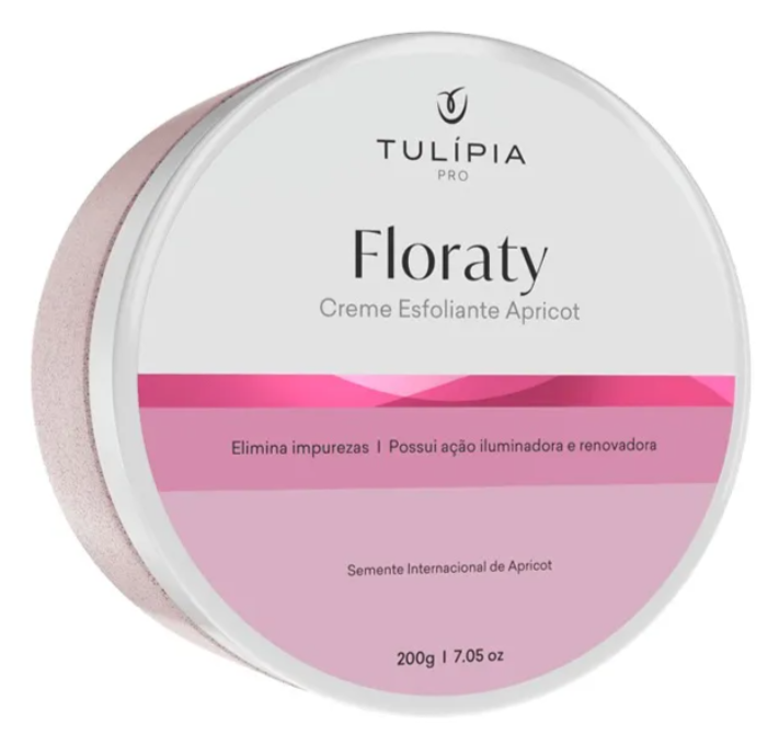 Creme esfoliante apricot Floraty da Tulípia Pro em embalagem redonda branca com detalhes rosa