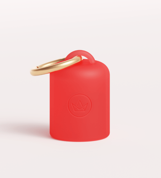 Estojo pequeno de silicone vermelho com anel dourado e símbolo de coroa