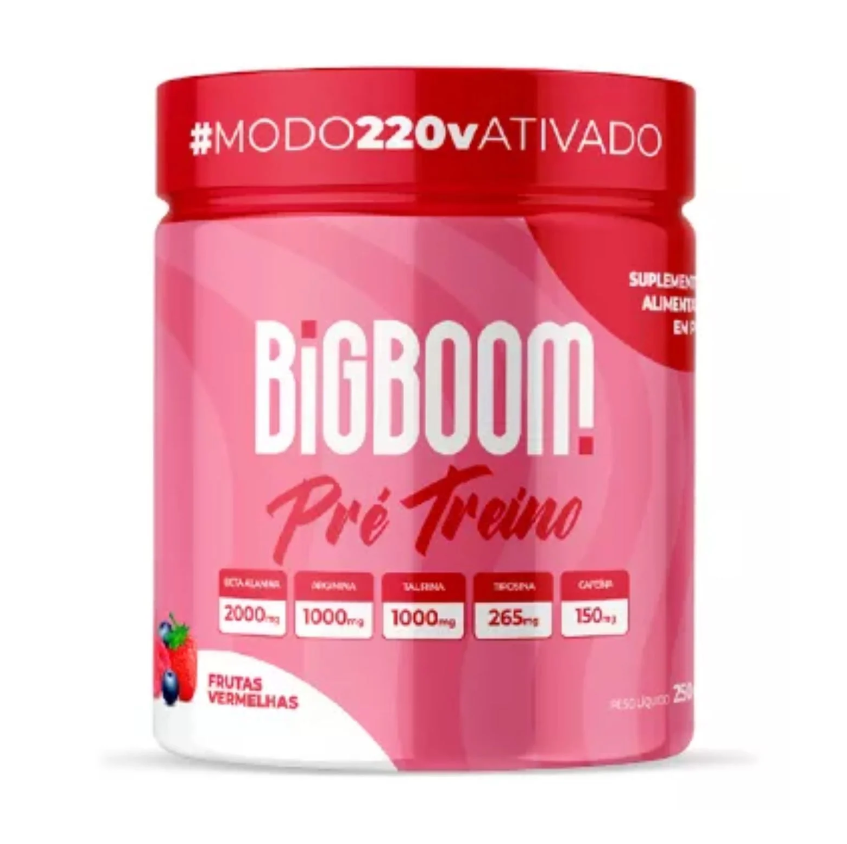 Embalagem de suplemento BiGBOOM Pré Treino sabor Frutas Vermelhas