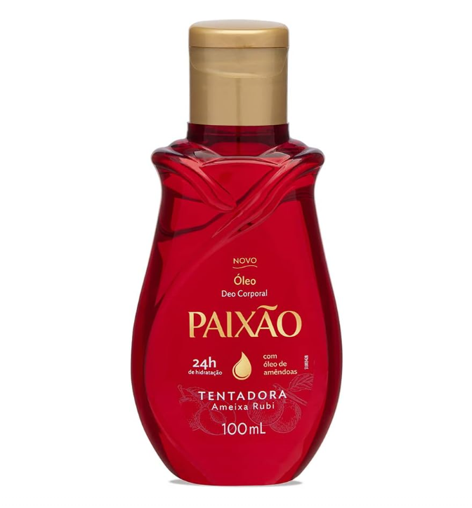 Frasco vermelho de óleo corporal Paixão com tampa dourada