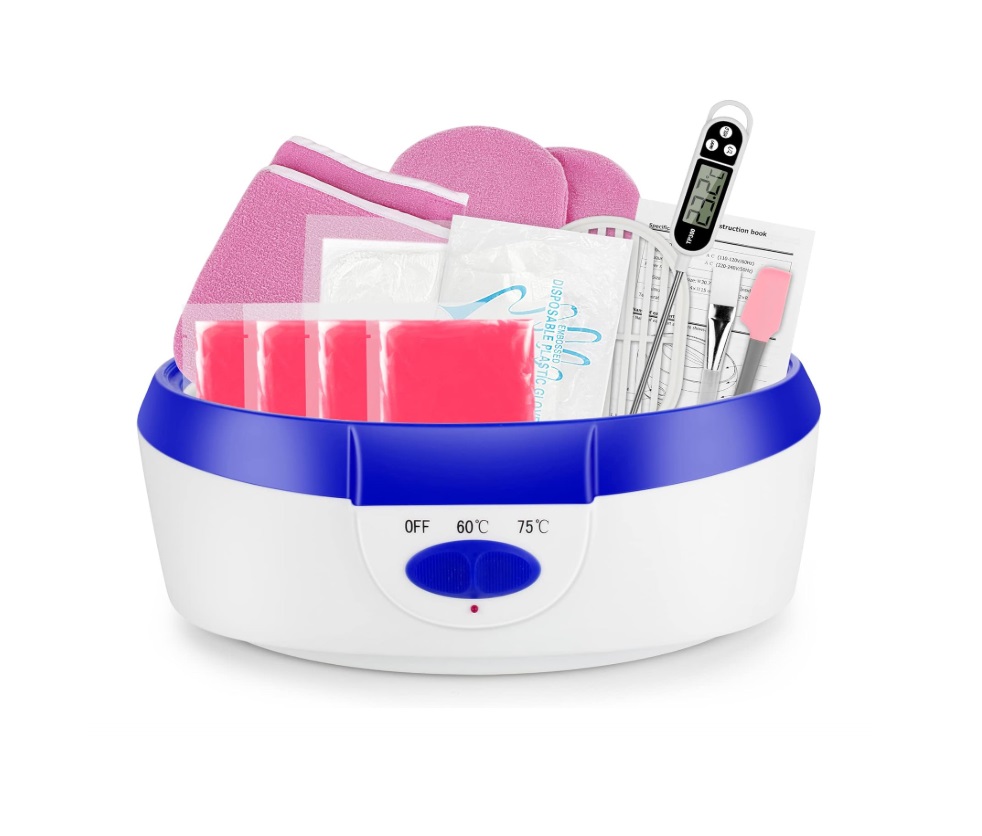 Conjunto de depilação com caixa aquecedora, luvas, cera e acessórios