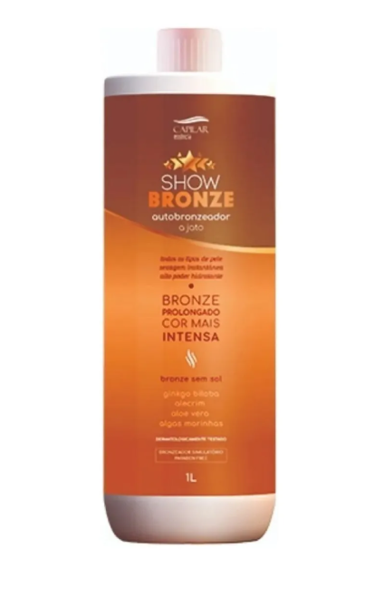 Frasco de autobronzeador Show Bronze laranja e branco com tampa rosqueável