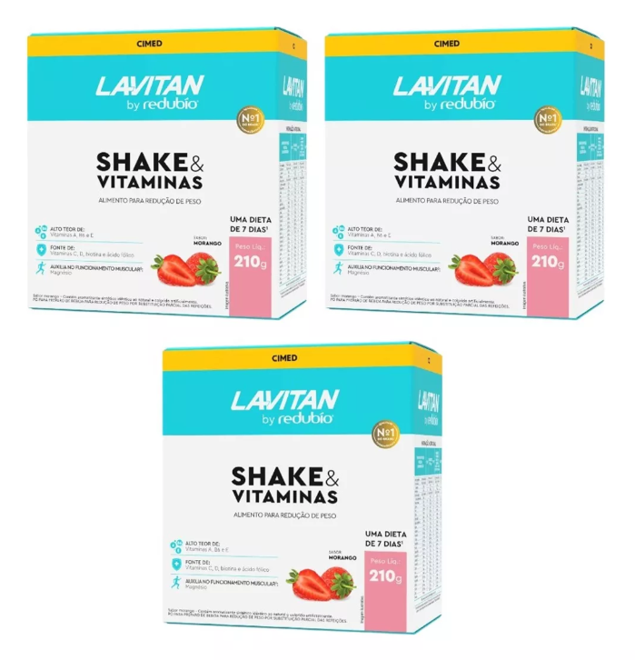 Caixas do produto Lavitan Shake & Vitaminas com design branco, azul, amarelo e morangos
