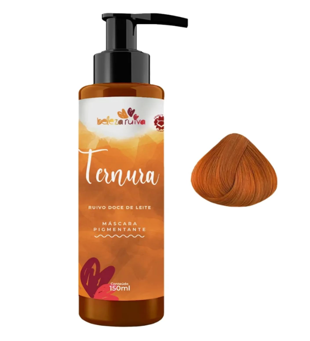 Máscara pigmentante ruivo doce de leite beleza ruiva 150 ml com frasco e amostra de cabelo