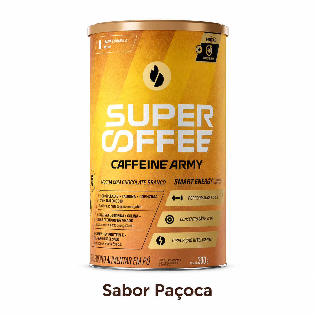 Lata dourada de suplemento alimentar em pó SUPER COFFEE CAFFEINE ARMY com informações sobre ingredientes e benefícios