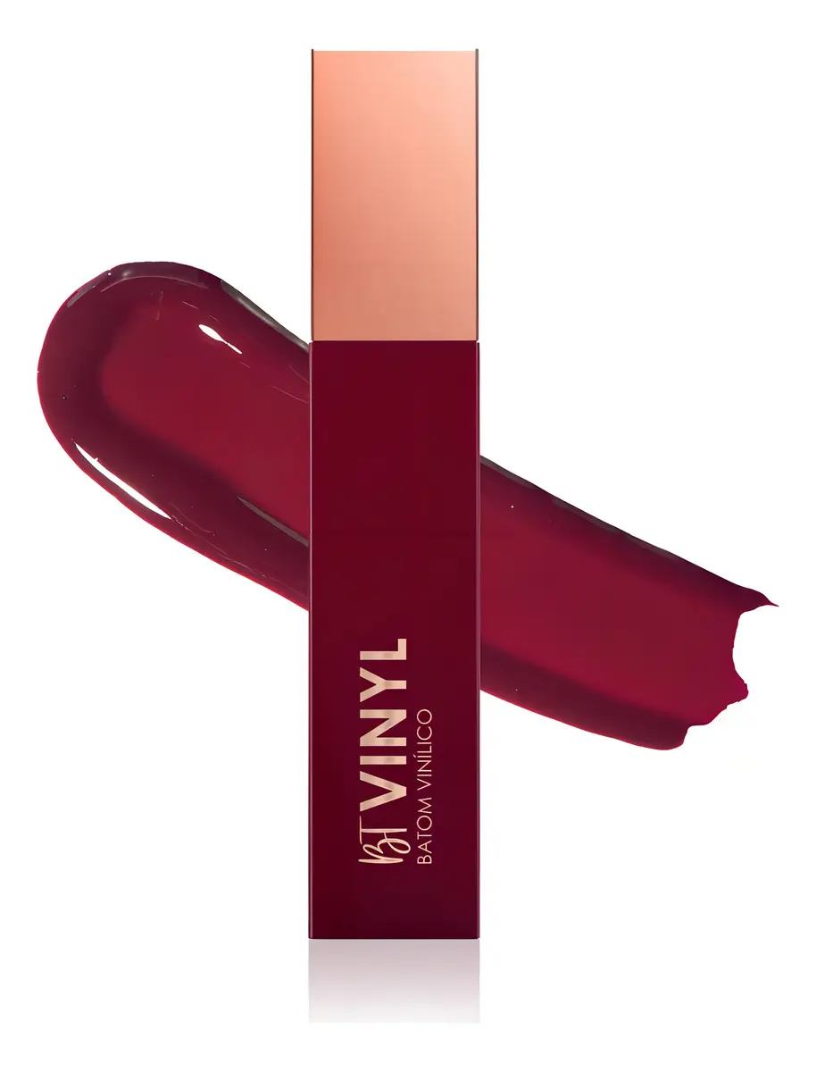 Batom líquido vinho com embalagem rosa e vinho, texto dourado BT VINYL BATOM VINÍLICO e traço de batom no fundo branco