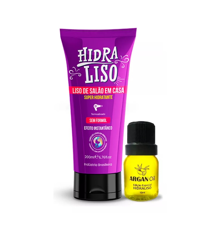Produtos cosméticos Hidra Liso e Argan Oil sobre fundo branco
