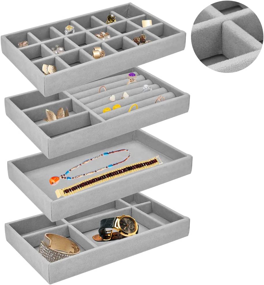 Conjunto de organizadores de veludo cinza para joias com vários compartimentos