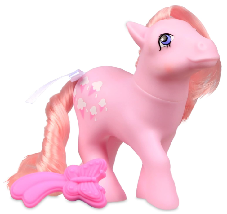 Boneco de cavalo rosa com crina e cauda rosa claro e acessório em forma de laço