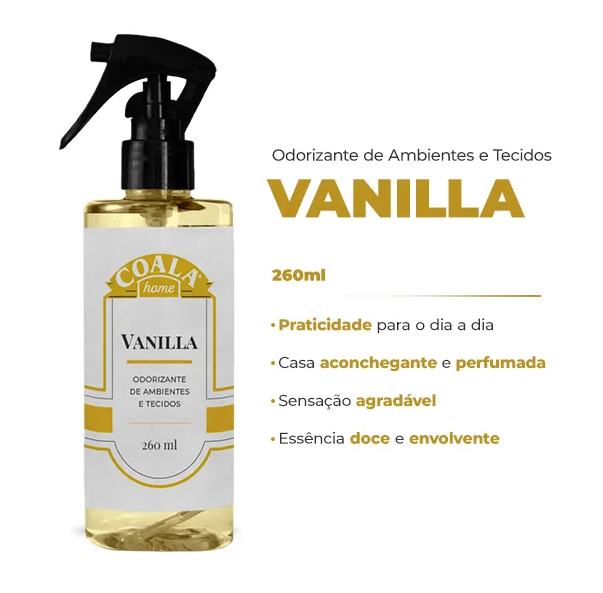 Frasco spray odorizante ambientes vanilla 260 ml com rótulo branco e dourado