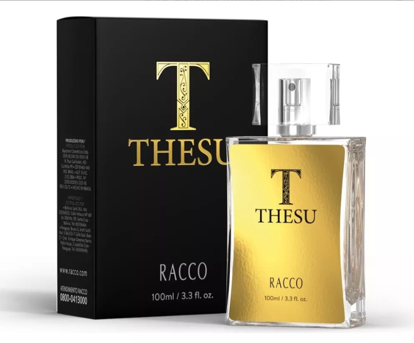 Perfume RACCO 100 ml com caixa preta e texto THESU RACCO