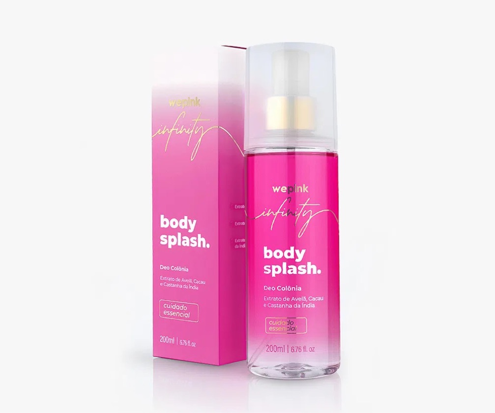 Frasco rosa de body splash 'we pink infinity' com caixa rosa ao lado