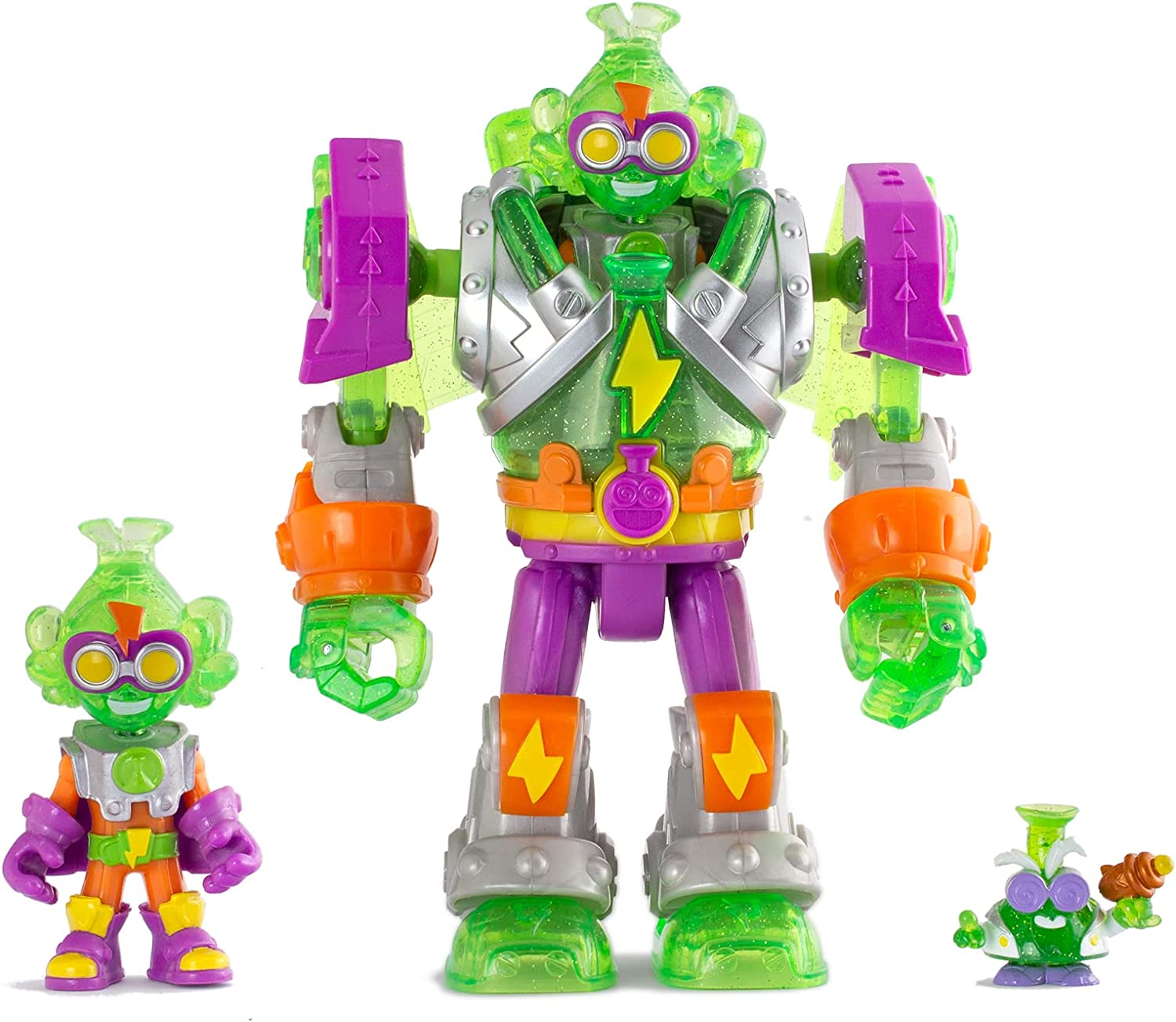 Três brinquedos robô e alienígenas coloridos em verde translúcido, roxo, laranja e cinza metalizado.