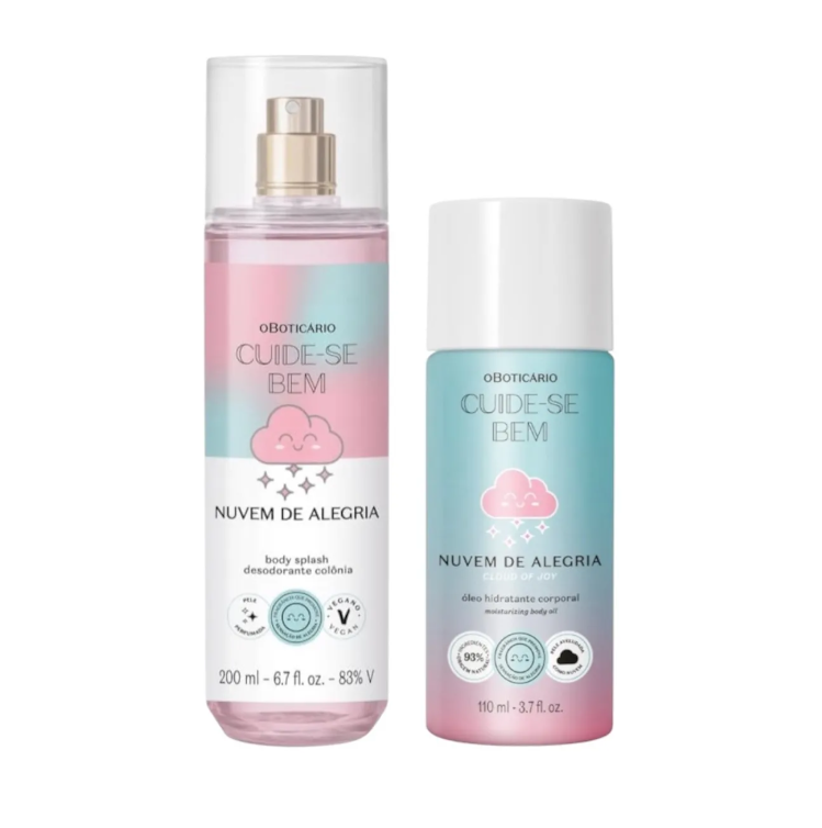 Dois produtos Cuide-se Bem Nuvem de Alegria O Boticário, body splash 200 ml e óleo hidratante 110 ml, com frascos coloridos em rosa e azul claro.