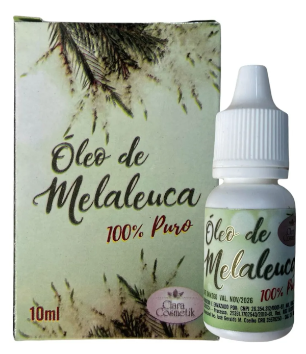 Óleo de melaleuca 100% puro em embalagem e frasco pequenos com 10 ml