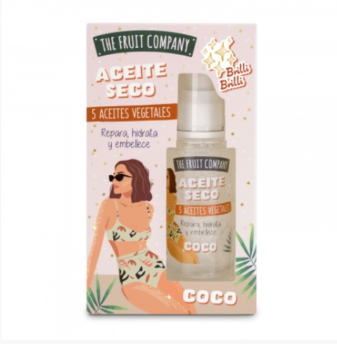 Frasco de óleo seco com embalagem rosa e ilustração de mulher em fato de banho