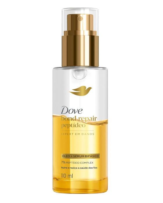 Frasco de spray Dove bond repair peptídeo com líquido amarelo e tampa dourada