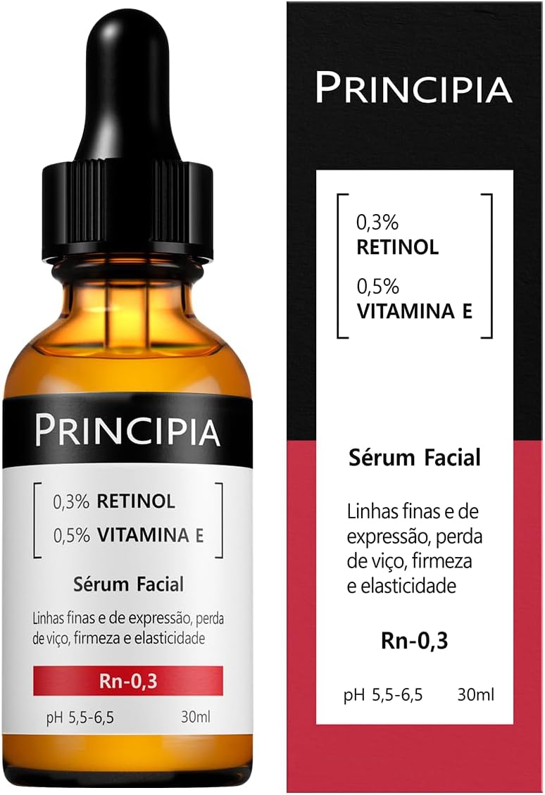 Frasco ambar de sérum facial com conta-gotas preto e rótulo branco e preto ao lado de embalagem preta e vermelha com texto.