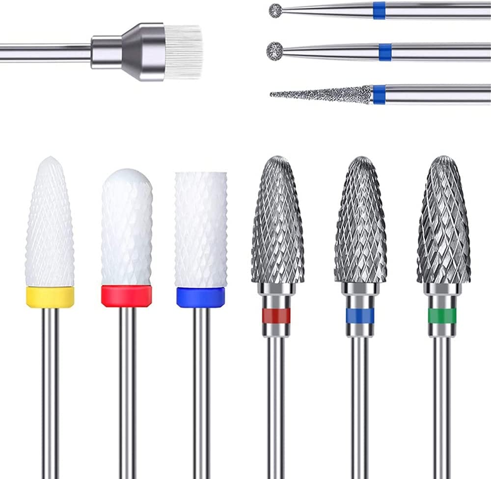 Conjunto de brocas de manicure em cerâmica branca e metal prateado com bases coloridas