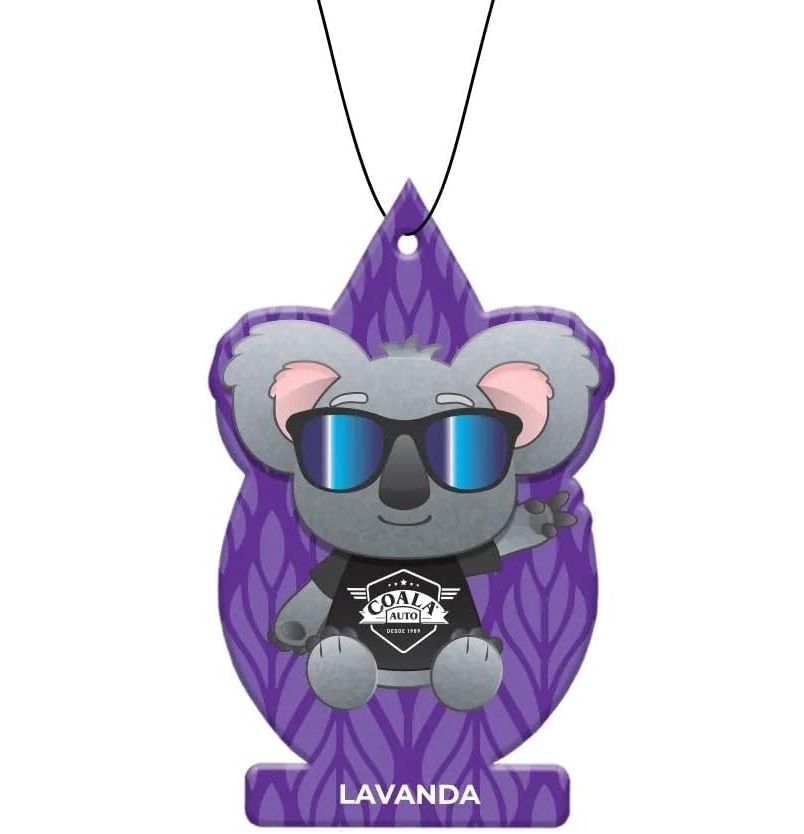Aromatizador lilás com figura de koala e texto COALA AUTO DESDE 1987 e LAVANDA