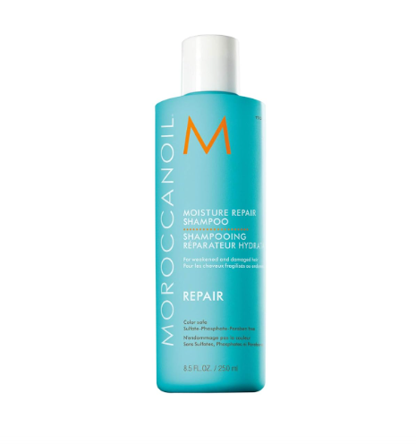 Frasco azul-turquesa de champô Moroccanoil Moisture Repair