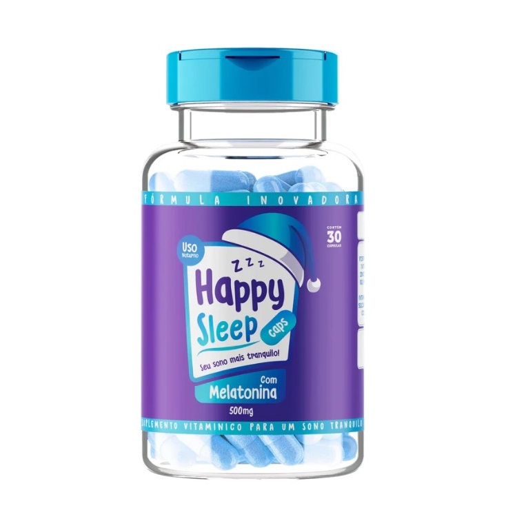 Frasco de suplemento Happy Sleep Caps com cápsulas azuis e rótulo roxo