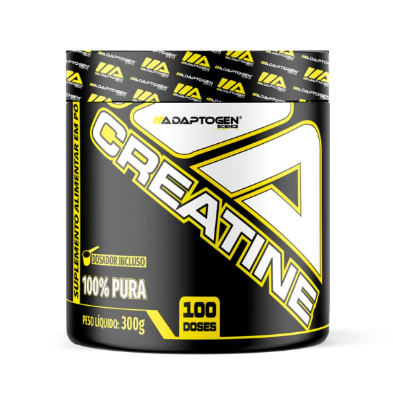 Frasco preto e amarelo de suplemento Creatine Adaptogen Science 300g