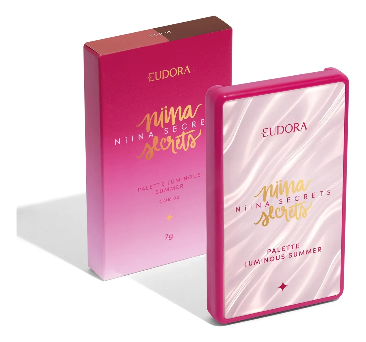 Paleta de maquilhagem Eudora Niina Secrets com embalagem rosa degradê e letras douradas