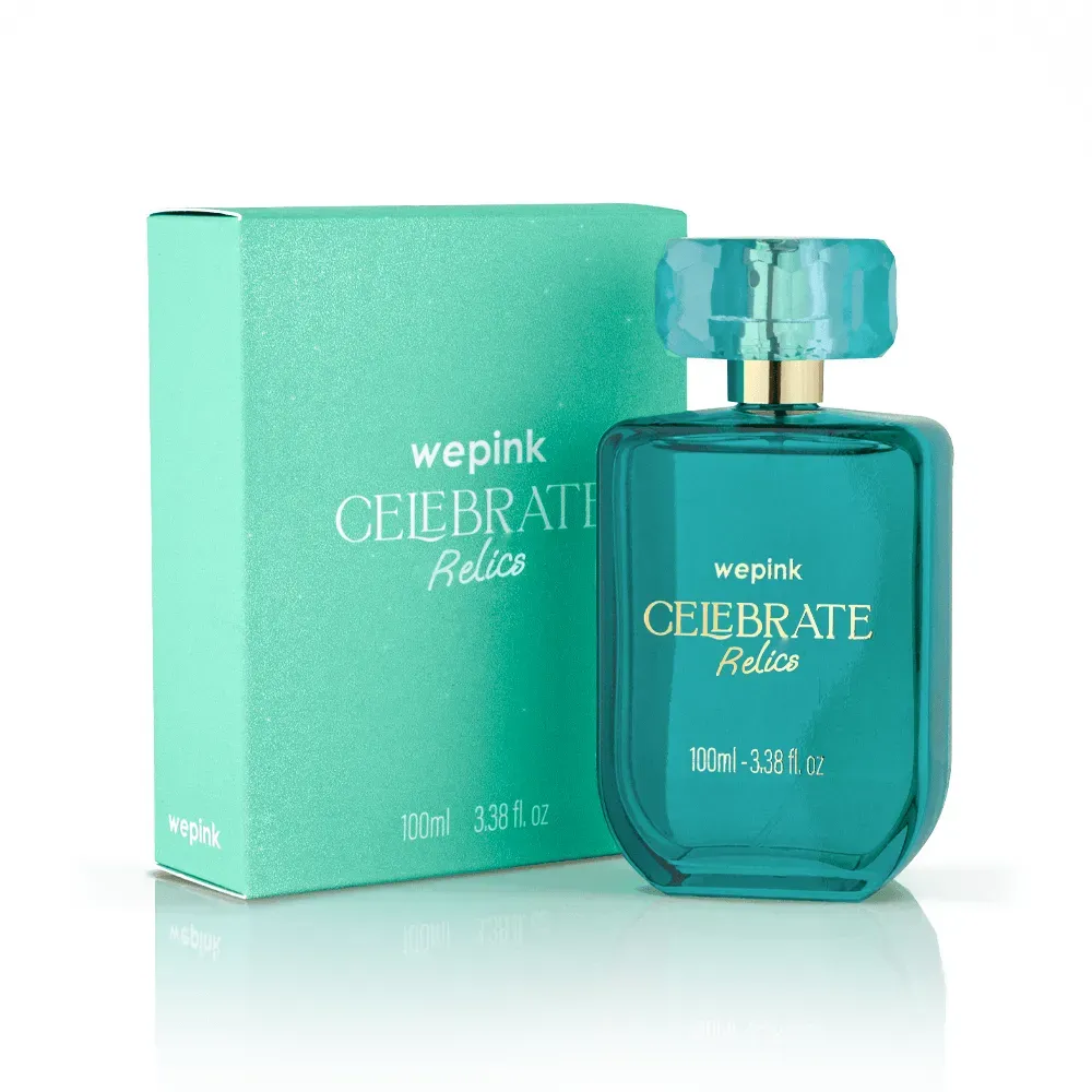 Frasco de perfume azul turquesa com embalagem verde
