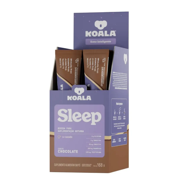 Produto Koala Sleep suplemento em pó sabor chocolate em embalagem roxa e castanha com 14 sachês