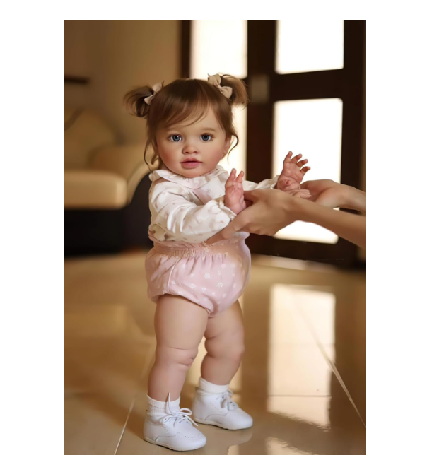 Bebé vestida com roupa rosa e branca a ser apoiada por mãos adultas