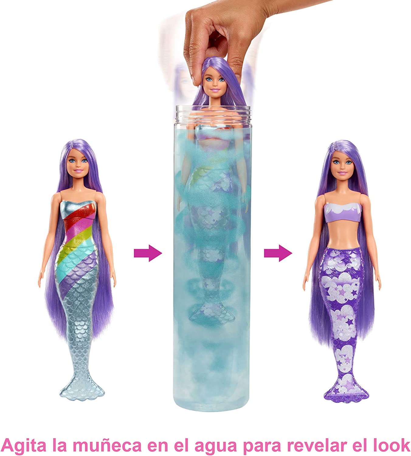 Boneca sereia com cabelo e cauda roxa que muda de cor em água