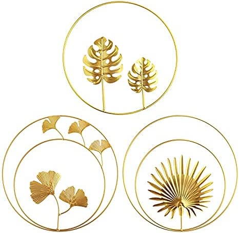 Decorações de parede redondas douradas com folhas metálicas estilizadas