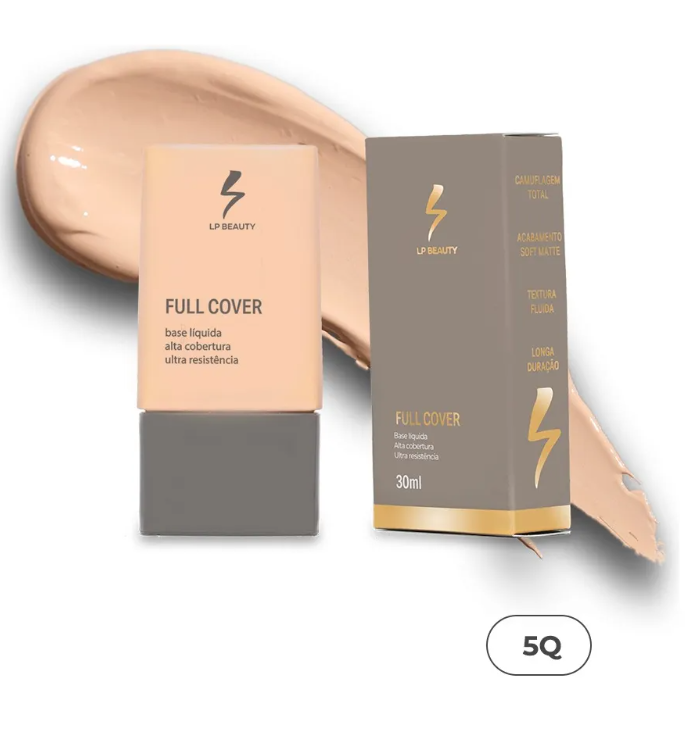 Base líquida LP Beauty Full Cover tom 5Q com embalagem cinza e bege