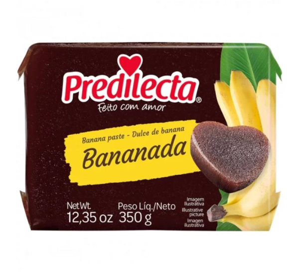 Embalagem de pasta de banana Predilecta Bananada com 350 g e texto em português e espanhol